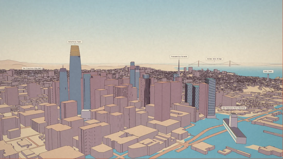 A hand-drawn San Francisco skyline with Salesforce Tower, the Transamerica Pyramid, and the Golden Gate Bridge